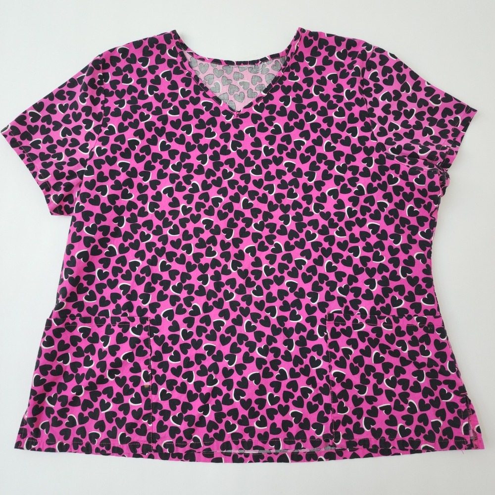Pink Heart Print V-Neck Scrub Top Short Sleeve Two Pocket Medical Uniform XL